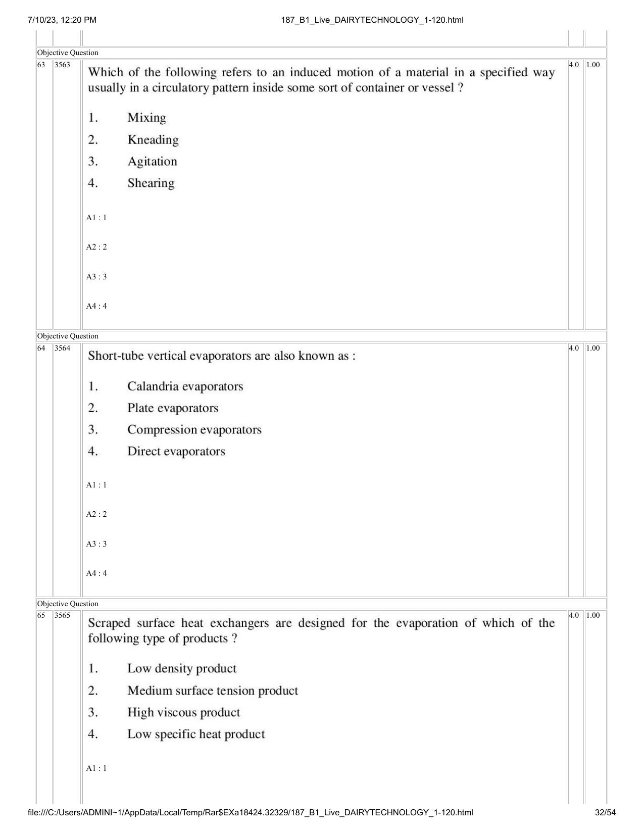ICAR AIEEA PG 2023 DAIRY TECHNOLOGY Question Paper - Page 32