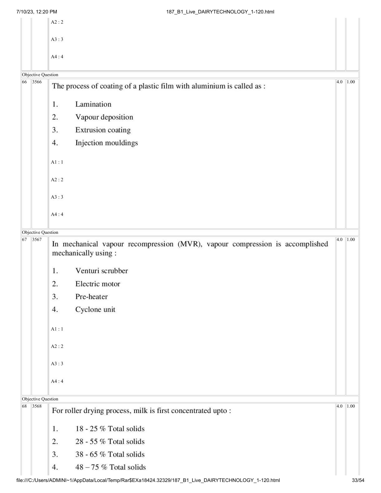 ICAR AIEEA PG 2023 DAIRY TECHNOLOGY Question Paper - Page 33