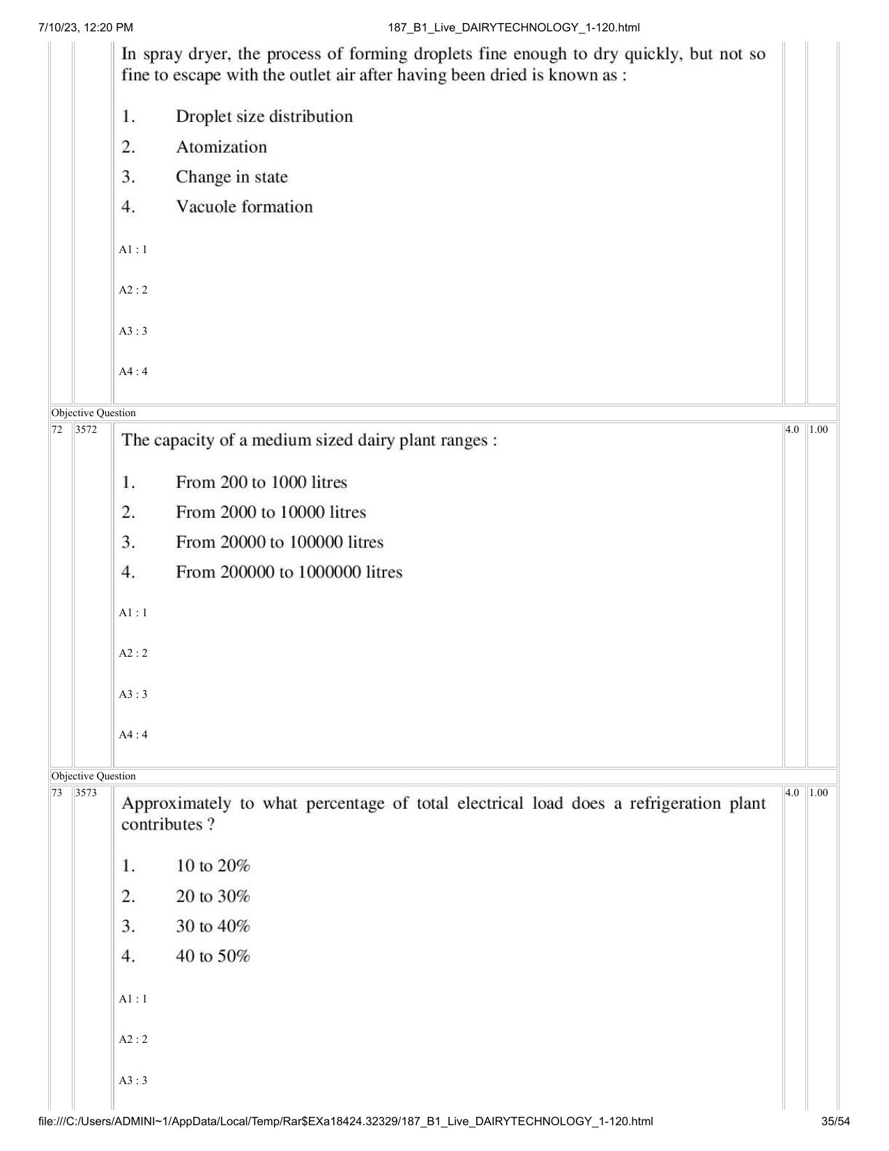 ICAR AIEEA PG 2023 DAIRY TECHNOLOGY Question Paper - Page 35