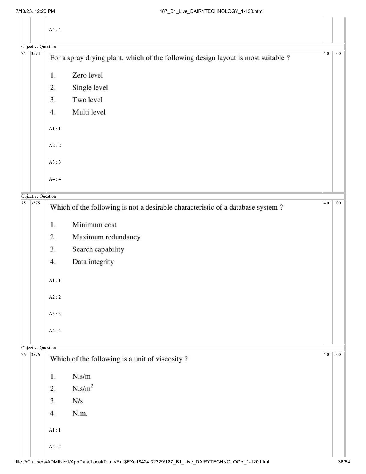 ICAR AIEEA PG 2023 DAIRY TECHNOLOGY Question Paper - Page 36