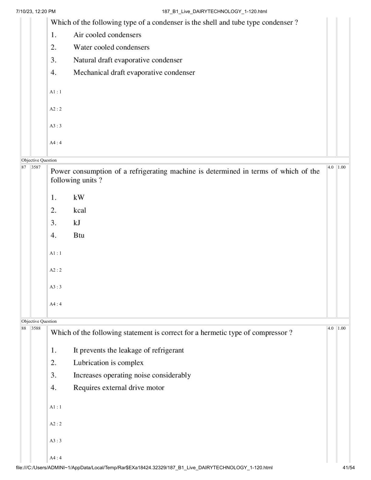 ICAR AIEEA PG 2023 DAIRY TECHNOLOGY Question Paper - Page 41