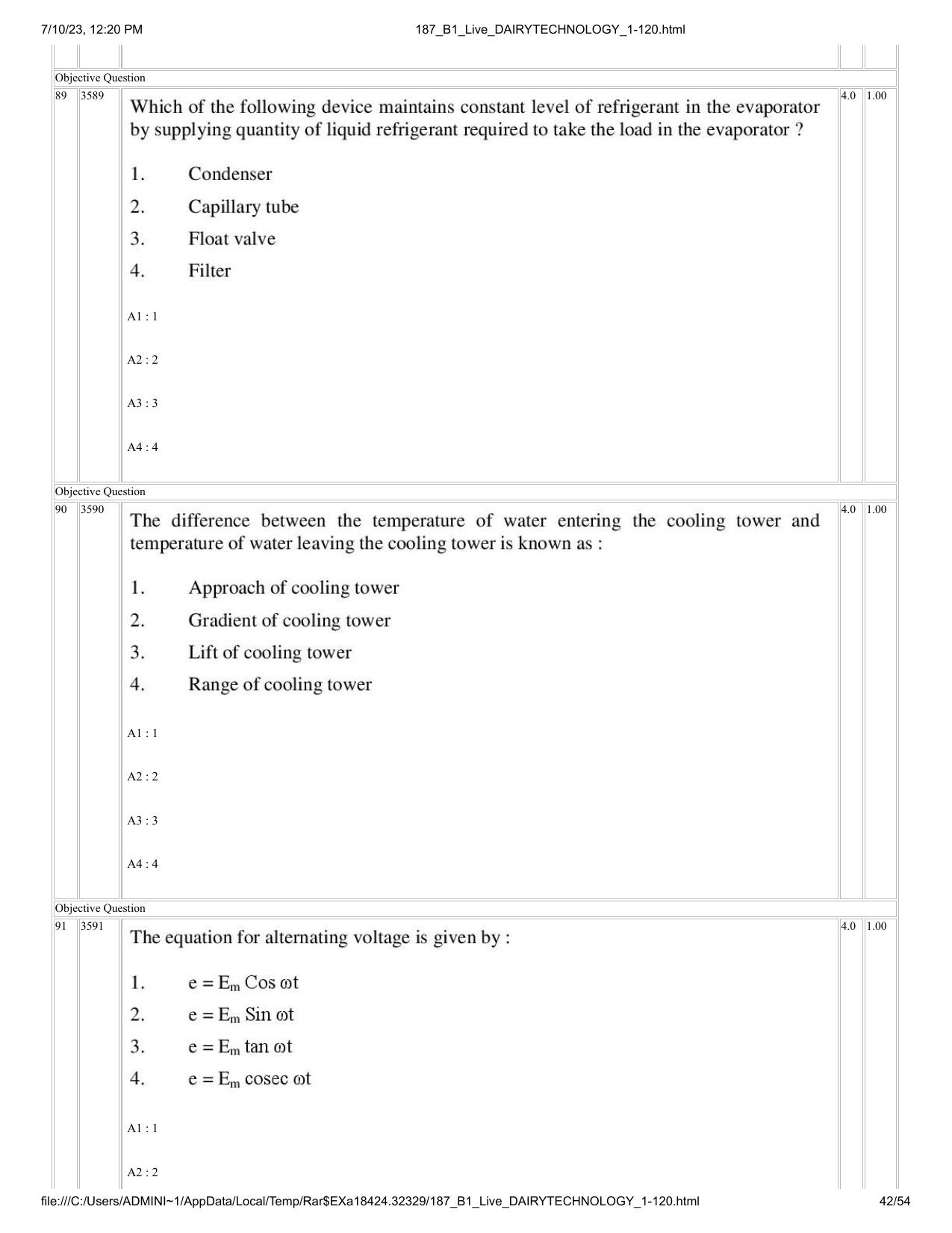 ICAR AIEEA PG 2023 DAIRY TECHNOLOGY Question Paper - Page 42