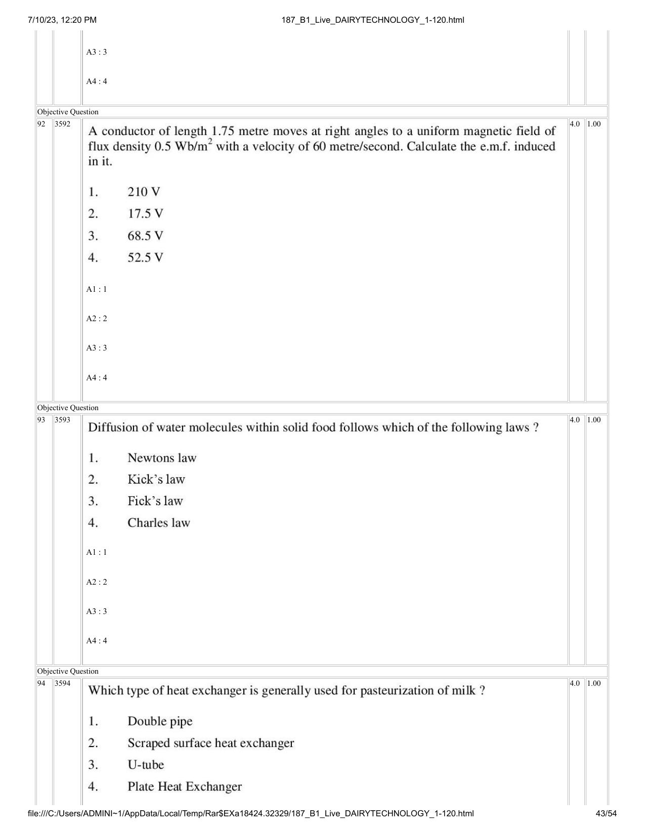 ICAR AIEEA PG 2023 DAIRY TECHNOLOGY Question Paper - Page 43