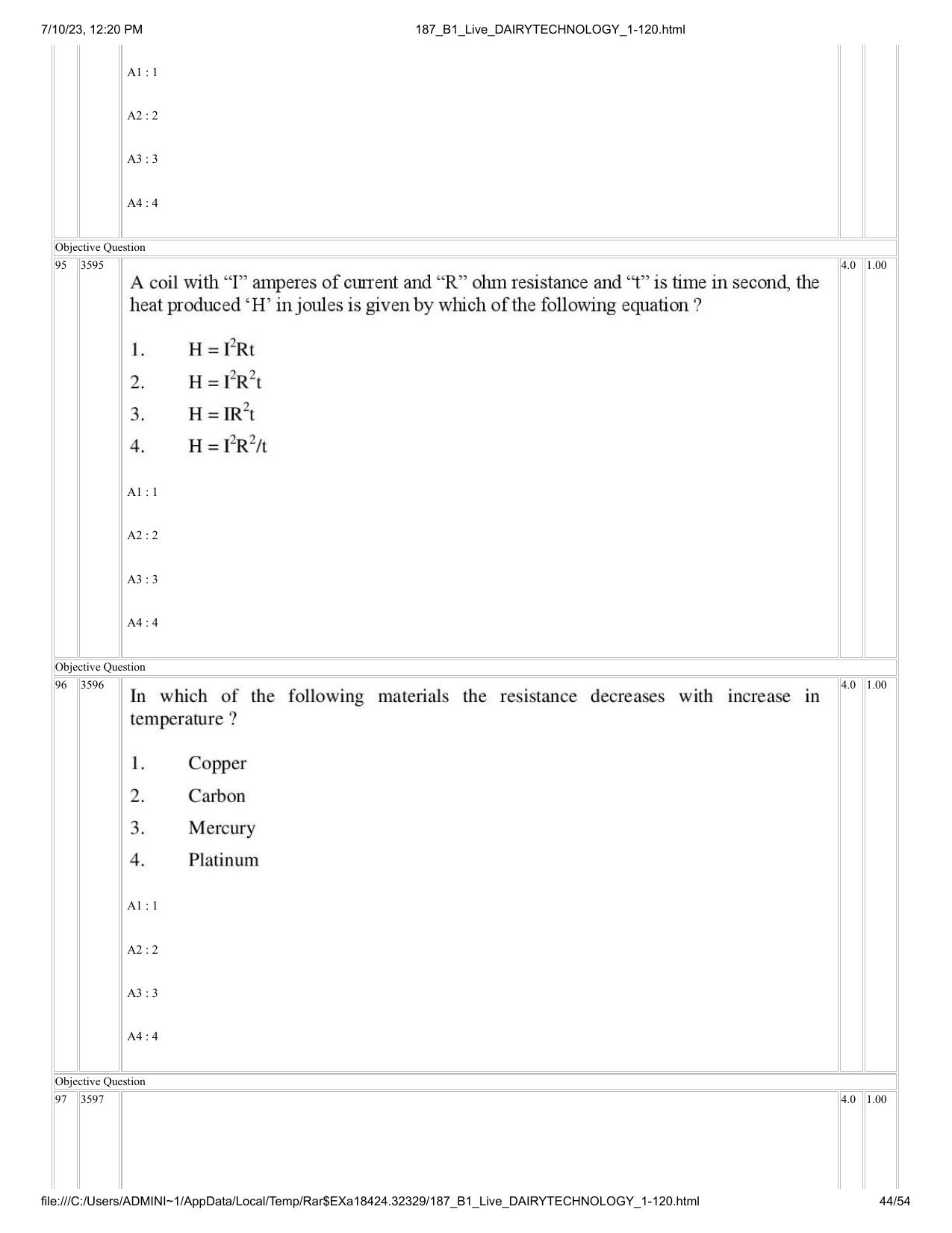 ICAR AIEEA PG 2023 DAIRY TECHNOLOGY Question Paper - Page 44
