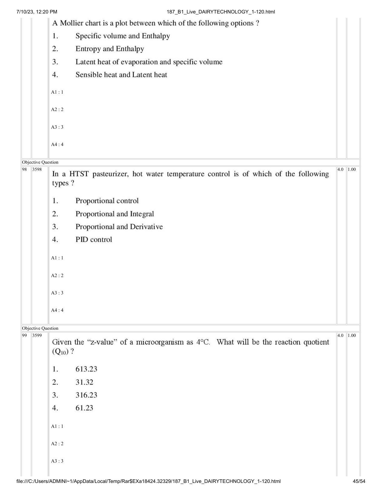 ICAR AIEEA PG 2023 DAIRY TECHNOLOGY Question Paper - Page 45