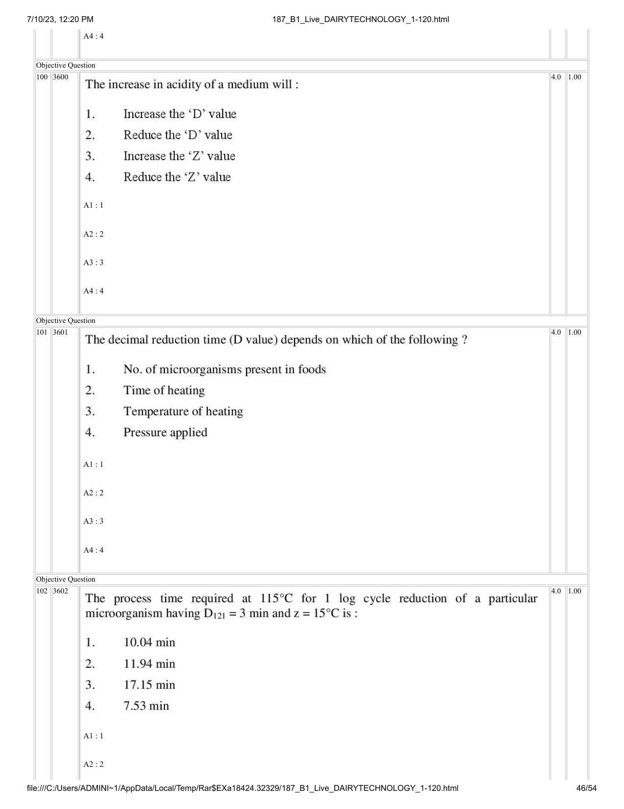 ICAR AIEEA PG 2023 DAIRY TECHNOLOGY Question Paper - Page 46
