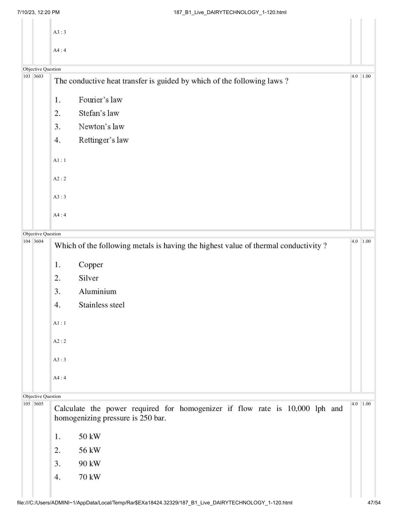 ICAR AIEEA PG 2023 DAIRY TECHNOLOGY Question Paper - Page 47