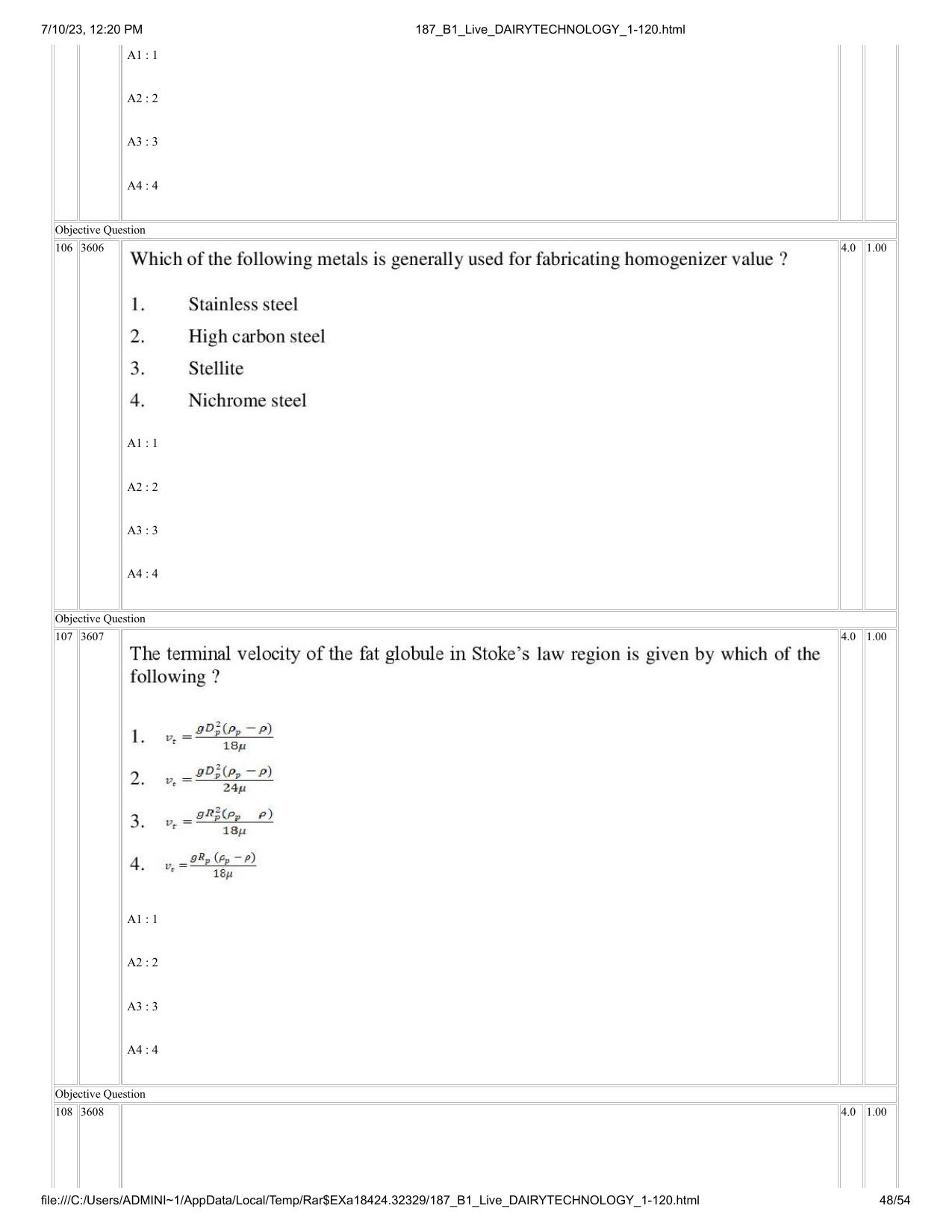 ICAR AIEEA PG 2023 DAIRY TECHNOLOGY Question Paper - Page 48