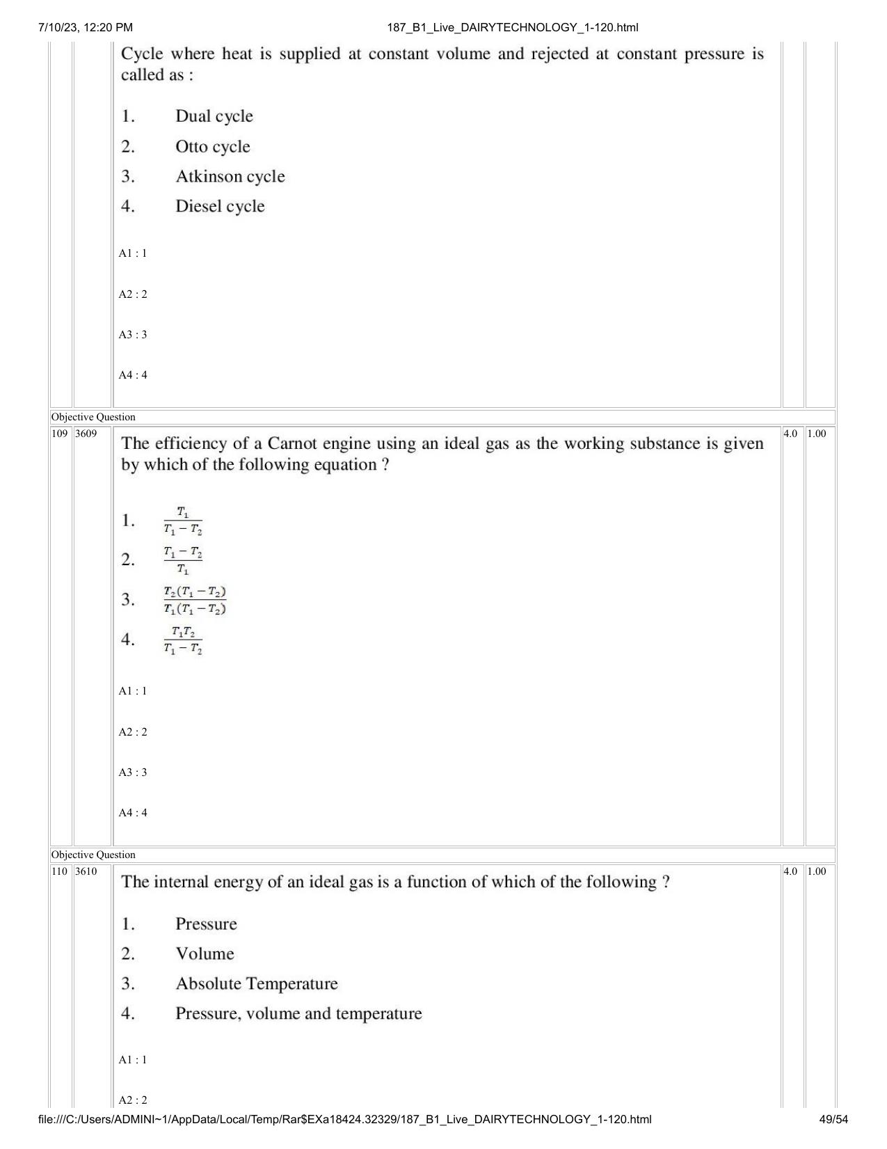 ICAR AIEEA PG 2023 DAIRY TECHNOLOGY Question Paper - Page 49