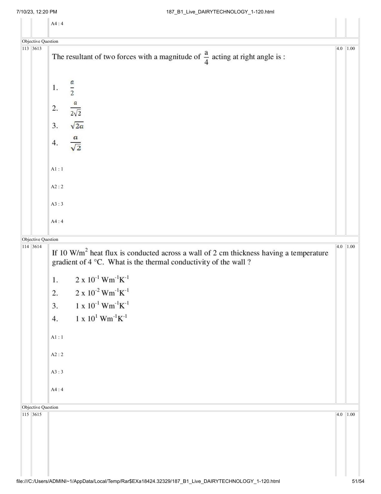ICAR AIEEA PG 2023 DAIRY TECHNOLOGY Question Paper - Page 51