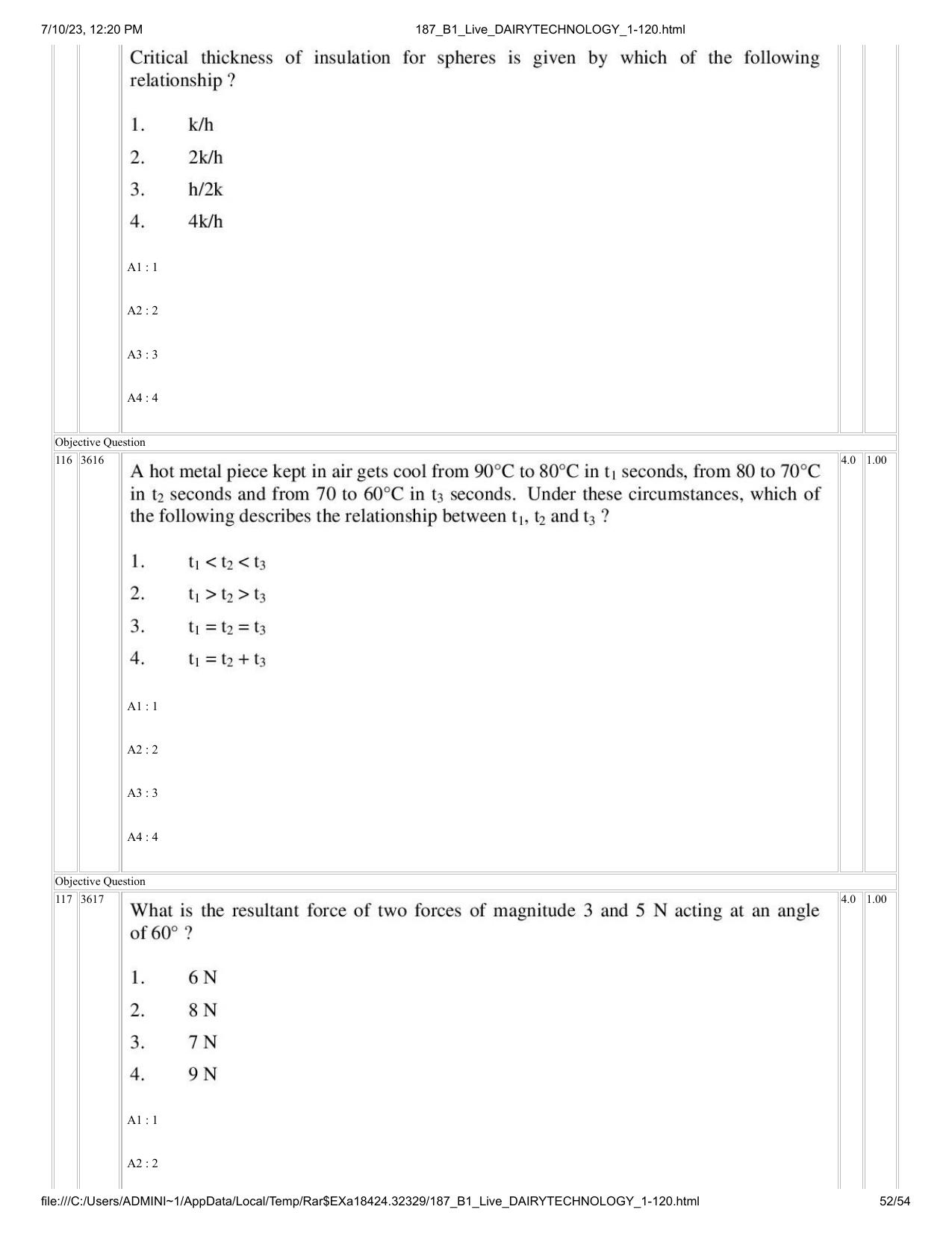 ICAR AIEEA PG 2023 DAIRY TECHNOLOGY Question Paper - Page 52