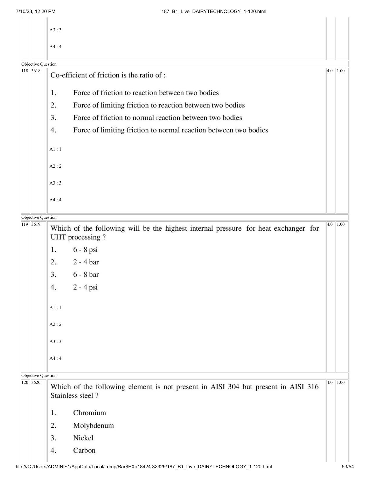 ICAR AIEEA PG 2023 DAIRY TECHNOLOGY Question Paper - Page 53