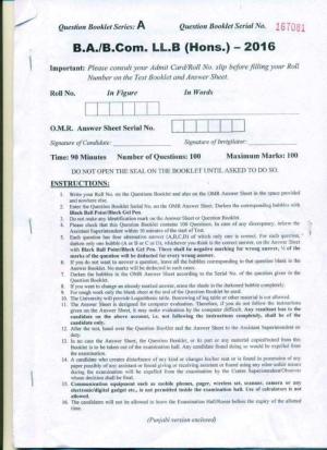 PU B.A./B.Com. LLB. (Hons.) 2016 Question Paper