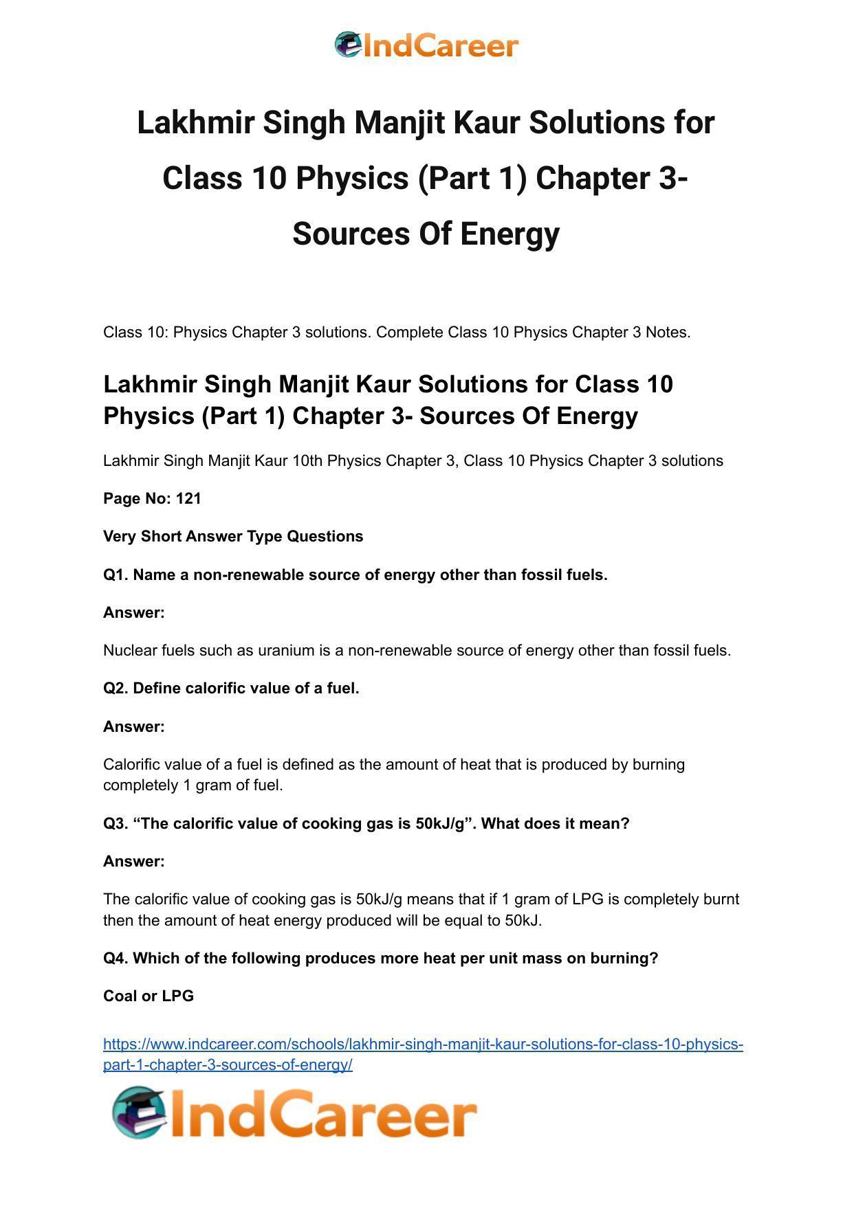 Lakhmir Singh Manjit Kaur  Solutions for Class 10 Physics (Part 1) Chapter 3- Sources Of Energy - Page 2
