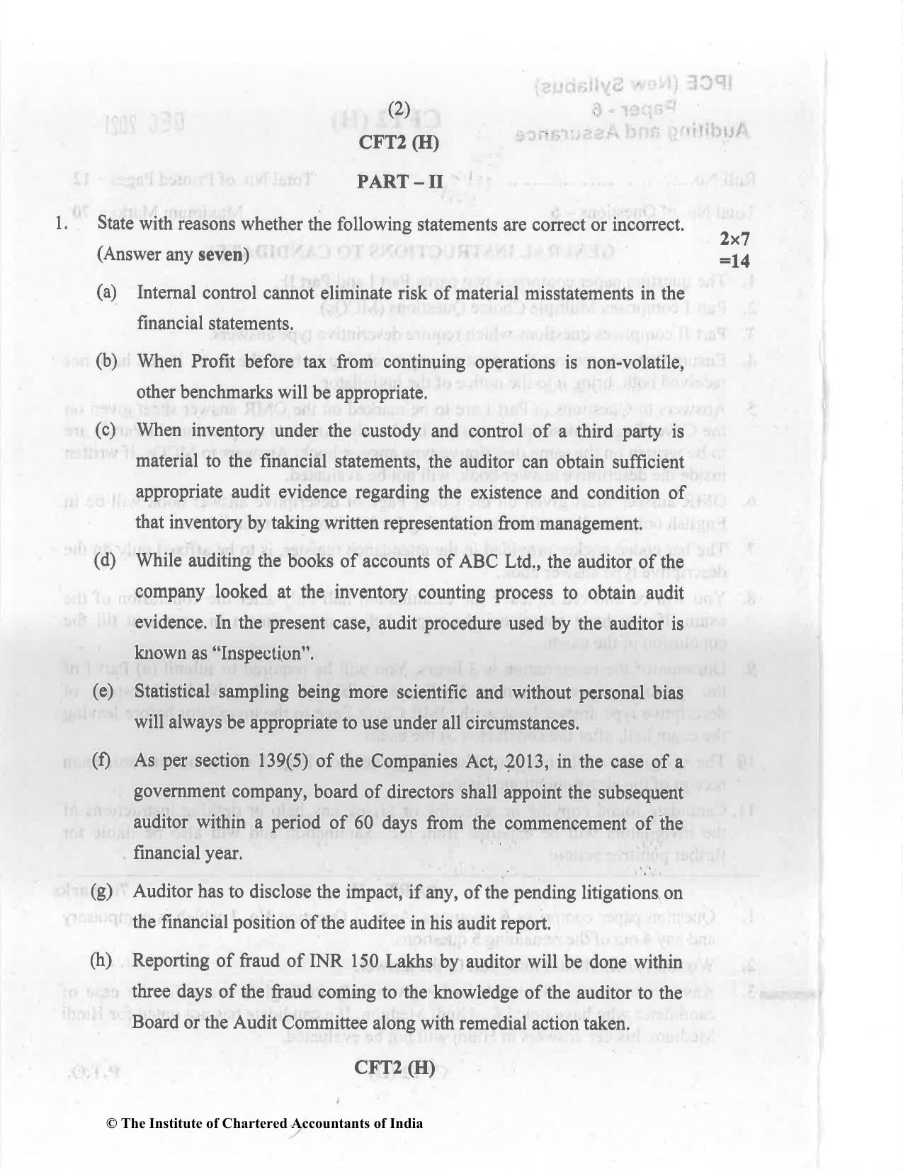 CA Inter Dec 2021 Question Paper - Paper 6 – Auditing and Assurance ...
