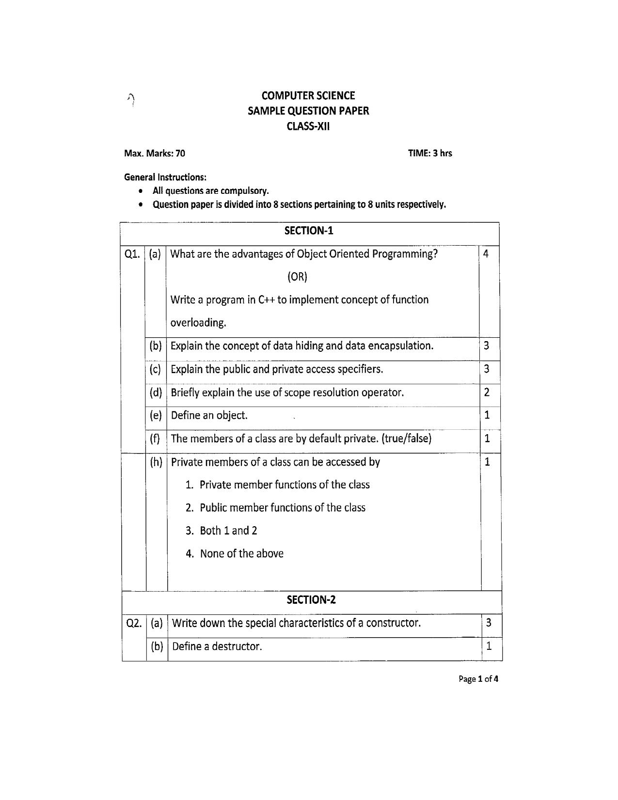 JKBOSE Class 12 Computer Science Model Question Paper - Page 1