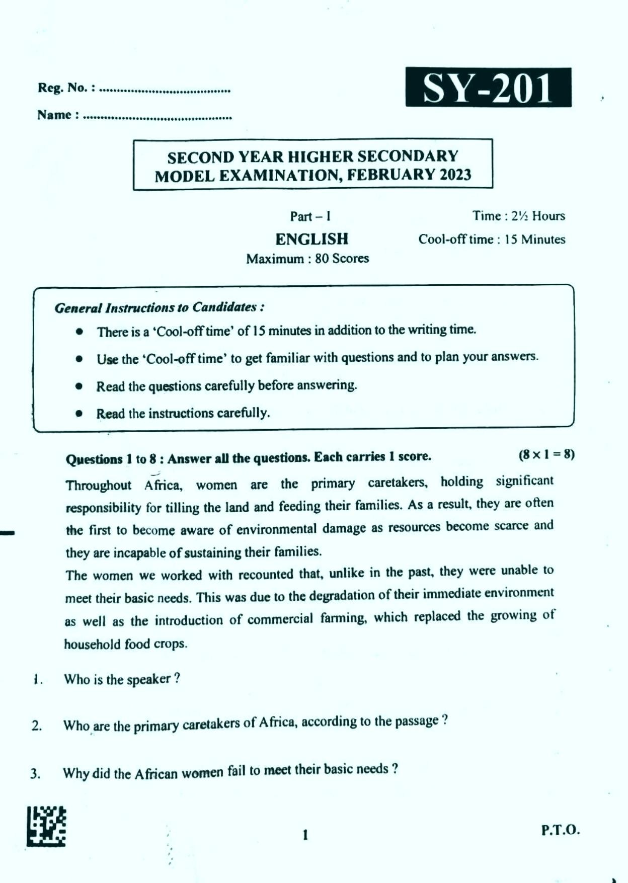 Kerala Plus Two 2023 English Model Question Paper - Page 1