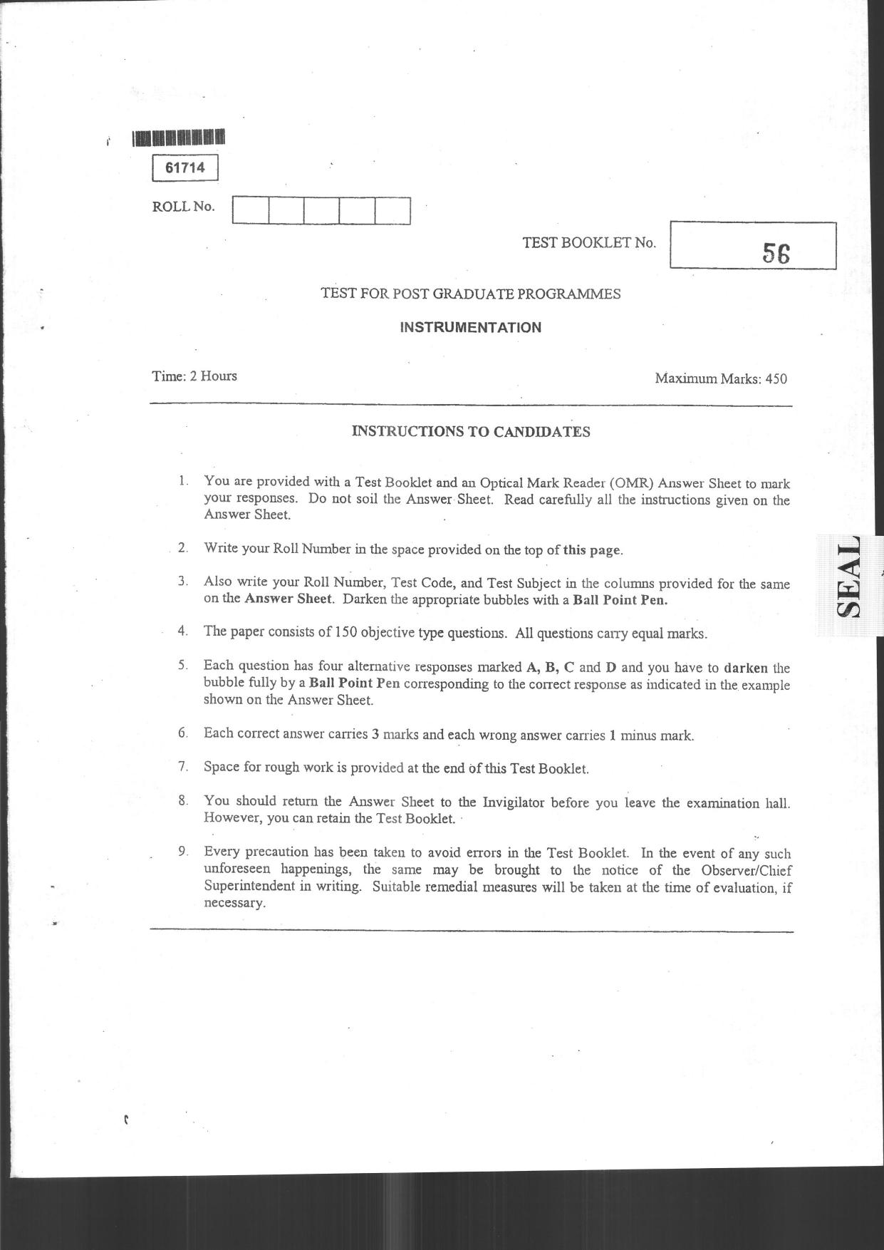CUSAT CAT 2014 Instrumentation Question Paper - Page 1