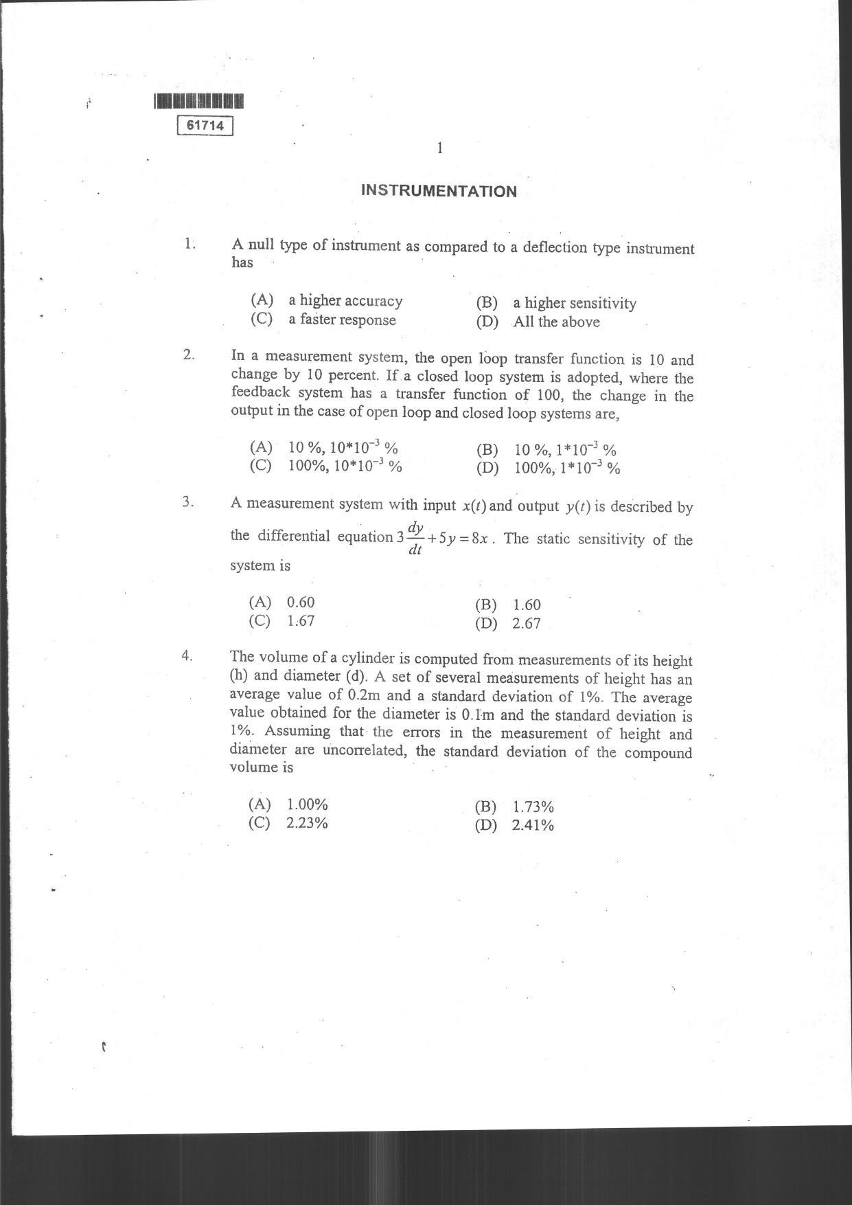 CUSAT CAT 2014 Instrumentation Question Paper - Page 3