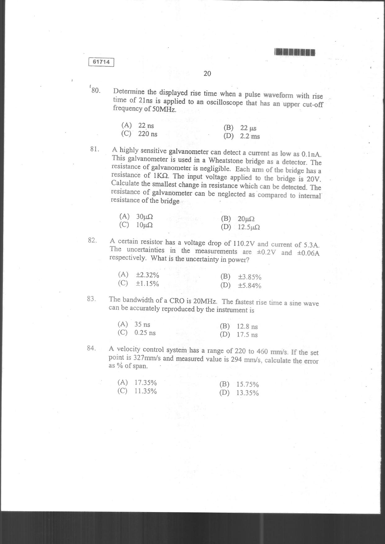 CUSAT CAT 2014 Instrumentation Question Paper - Page 22