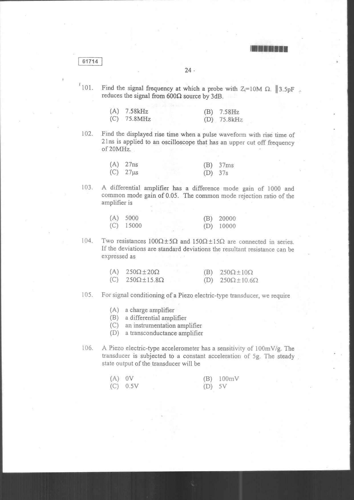 CUSAT CAT 2014 Instrumentation Question Paper - Page 26