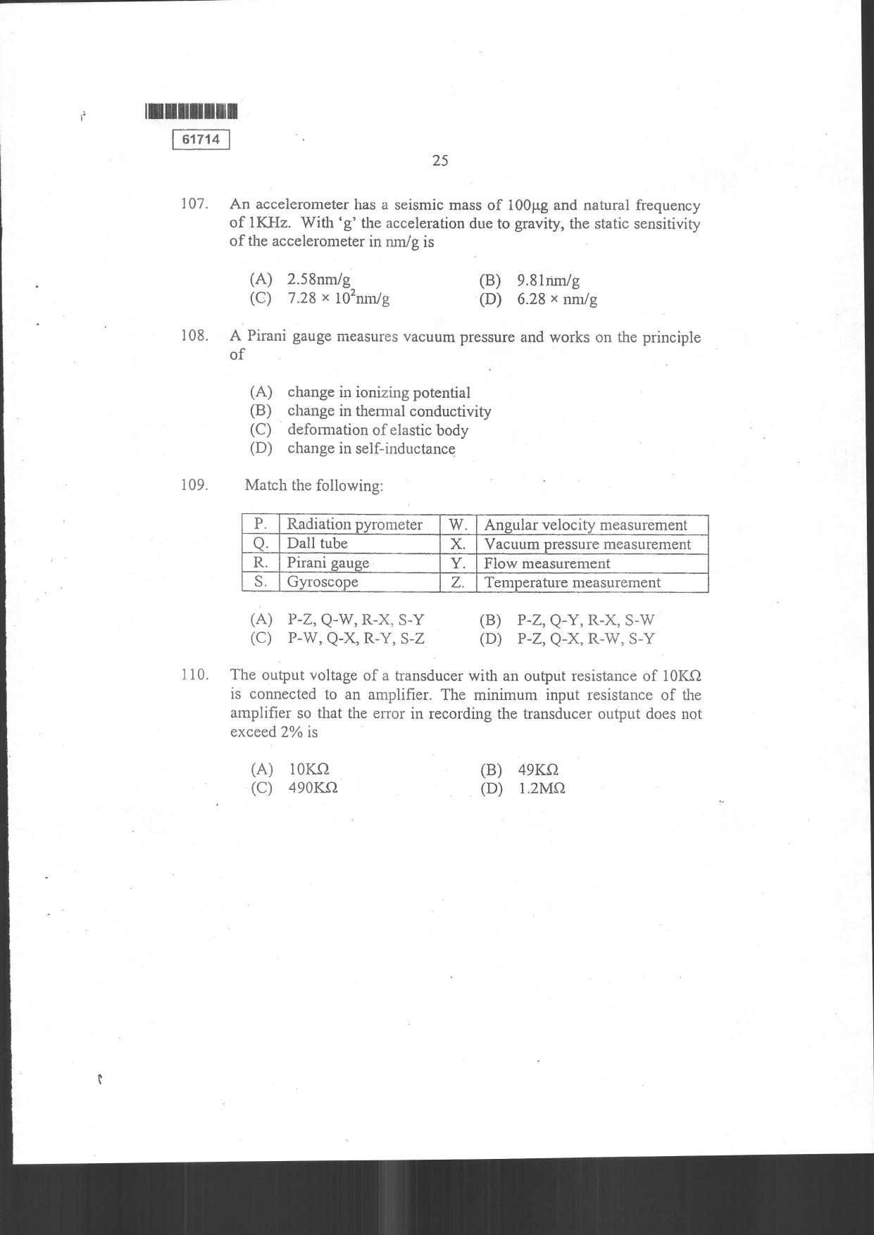 CUSAT CAT 2014 Instrumentation Question Paper - Page 27