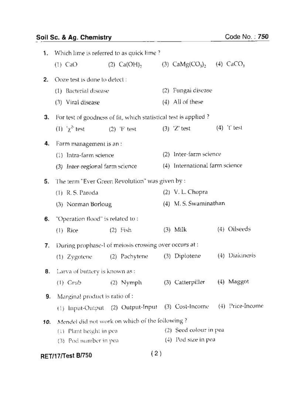BHU RET(Agriculture) Soil Sc. & Ag. Chemistry  2017 Question Paper - Page 4