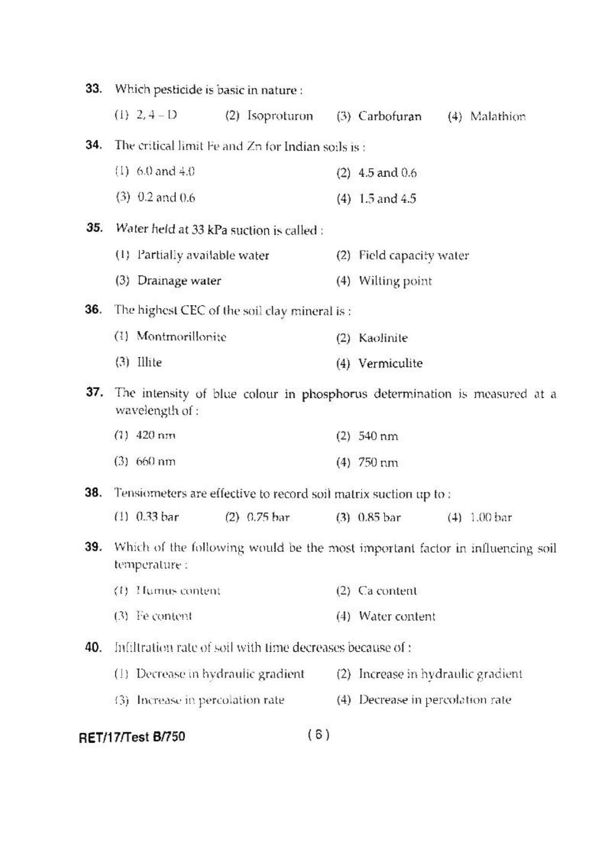 BHU RET(Agriculture) Soil Sc. & Ag. Chemistry  2017 Question Paper - Page 8