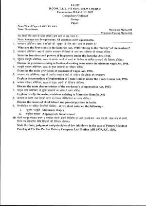 Bilaspur University Question Paper July 2022:B.COM. LL.B. Sixth Semester (New Course) Labour Laws Paper 1