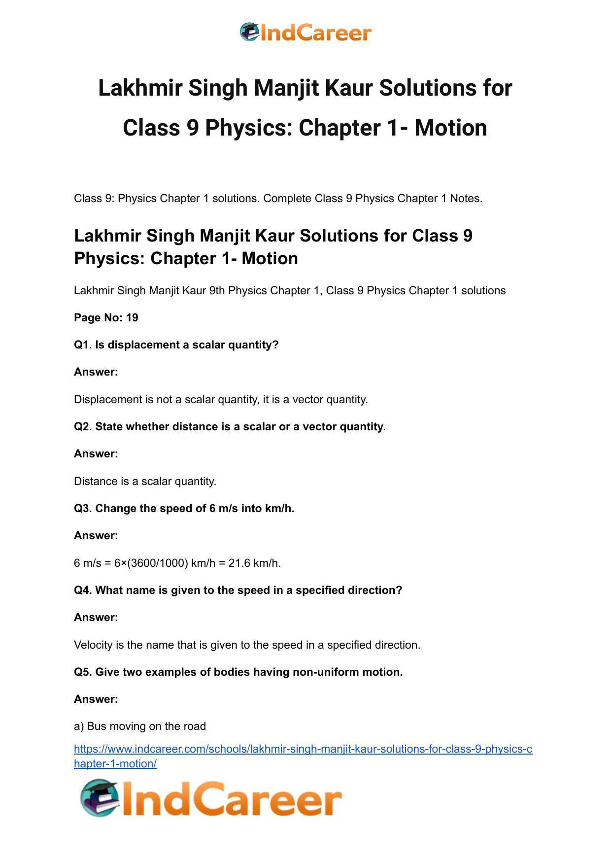 Lakhmir Singh Manjit Kaur Solutions for Class 9 Physics: Chapter 1- Motion - Page 2