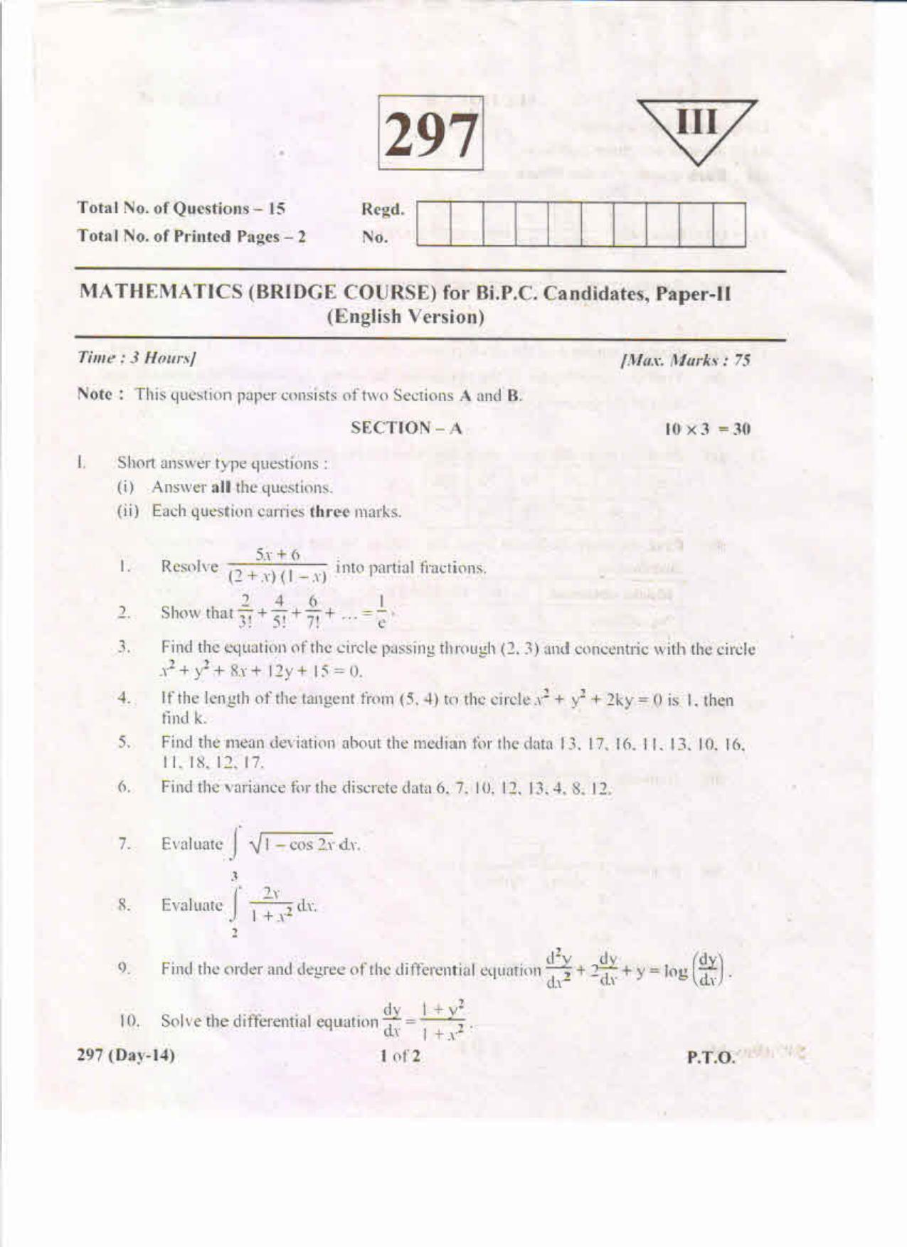 AP Inter 2nd Year Mathematics-II (Bridge Course) (EM) May-2019-General Question Paper - Page 1