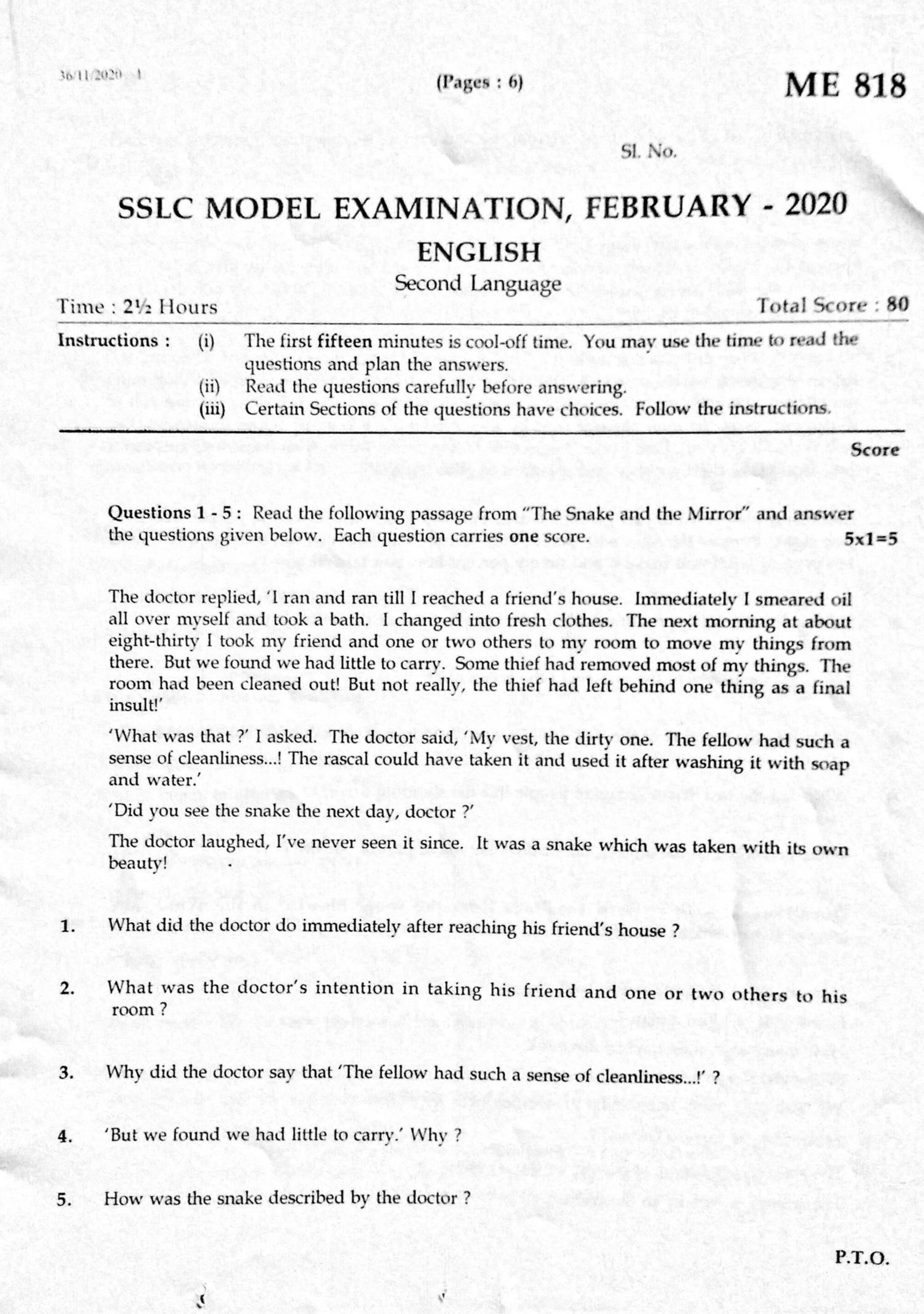 Kerala SSLC 2020 English Question Pape (Model) - Page 1