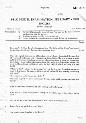 Kerala SSLC 2020 English Question Pape (Model)