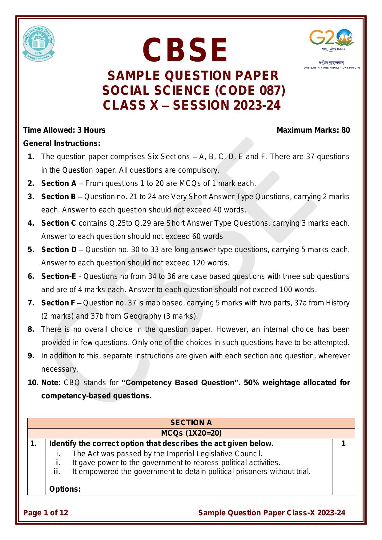 CBSE Class 10 Social Science Sample Paper 2024 - Page 1