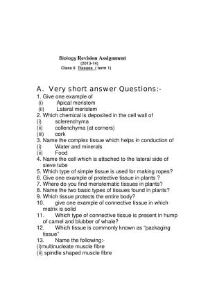 CBSE Worksheets for Class 9 Biology Tissues Assignment 2