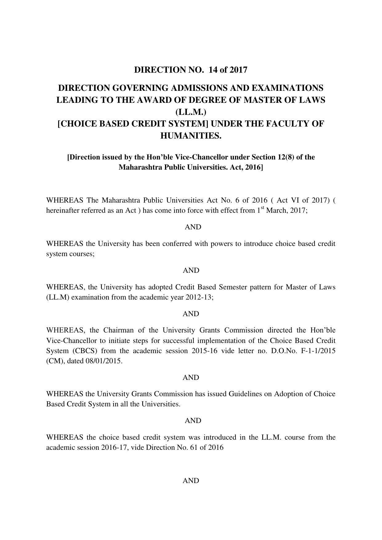 RTMNUPost Graduate Teaching Department of Law of DIRECTION GOVERNING ADMISSIONS AND EXAMINATIONS LEADING TO THE AWARD OF DEGREE OF MASTER OF LAWS (LL.M.) (DIRECTION NO. 14 of 2017 ) Syllabus. - Page 1