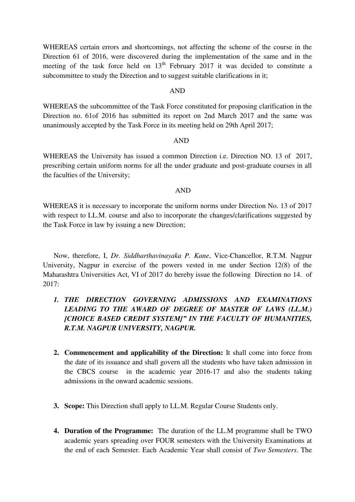 RTMNUPost Graduate Teaching Department of Law of DIRECTION GOVERNING ADMISSIONS AND EXAMINATIONS LEADING TO THE AWARD OF DEGREE OF MASTER OF LAWS (LL.M.) (DIRECTION NO. 14 of 2017 ) Syllabus. - Page 2