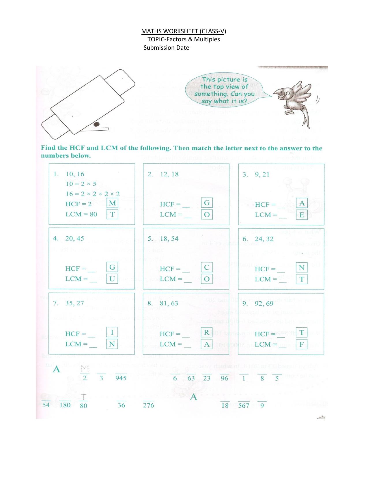Worksheet for Class 5 Maths Factors Multiples Assignment - Page 1