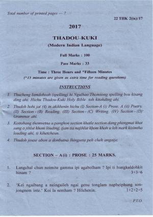 COHSEM Class 12 Thadou Kuki (M.I.L.) 2017 Question Papers