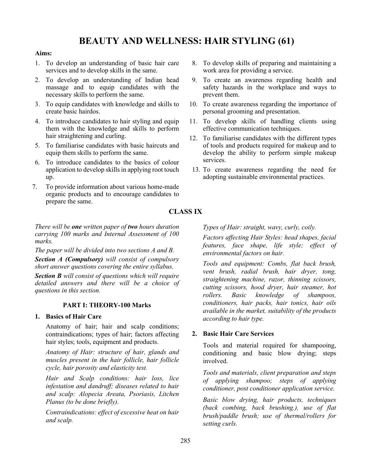 ICSE Beauty and Wellness (Hair Styling) Syllabus - Page 1