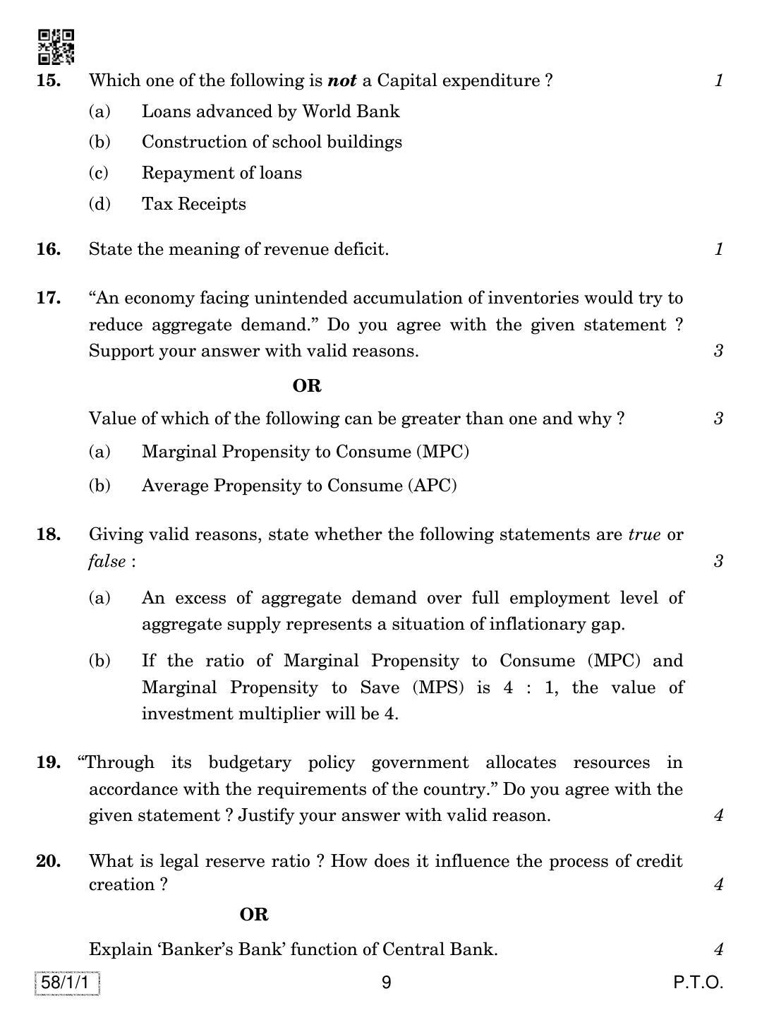 CBSE Class 12 58-1-1 ECONOMICS 2019 Compartment Question Paper - Page 9
