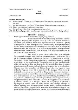 Nagaland Board Class 12 LOTHA 2020 Question Papers