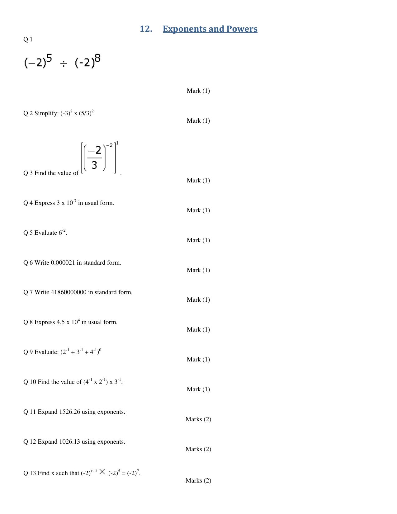 CBSE Worksheets for Class 8 Mathematics Exponents and Powers Assignment 1 - Page 1