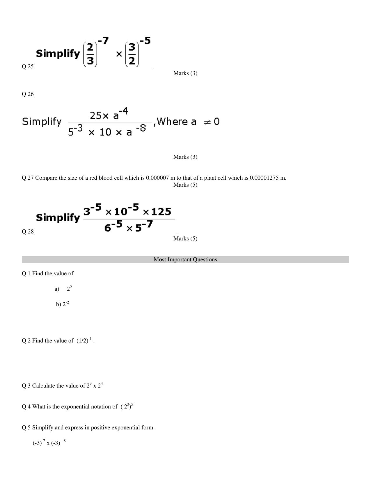 CBSE Worksheets for Class 8 Mathematics Exponents and Powers Assignment 1 - Page 3