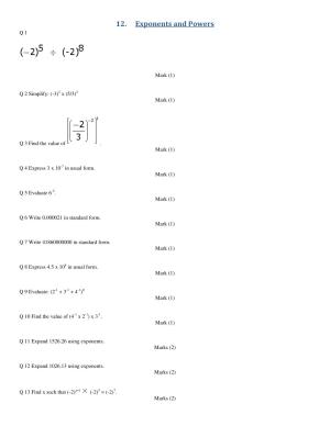 CBSE Worksheets for Class 8 Mathematics Exponents and Powers Assignment 1