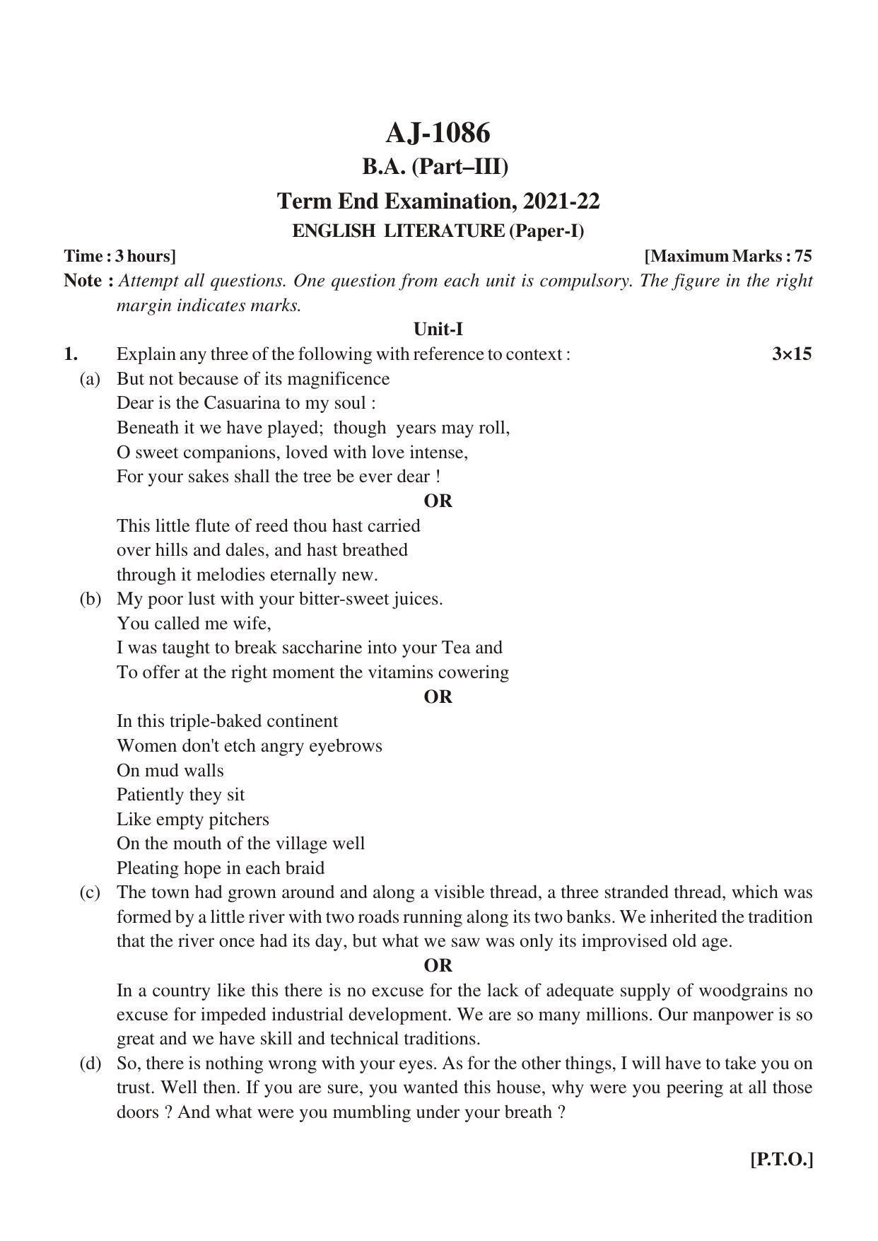 Bilaspur University Question Paper 2021-2022:B.A. Part-III (Three) English Literature Paper 1 - Page 1