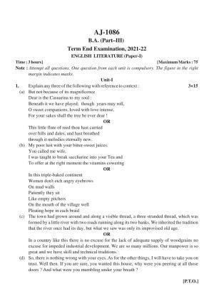 Bilaspur University Question Paper 2021-2022:B.A. Part-III (Three) English Literature Paper 1