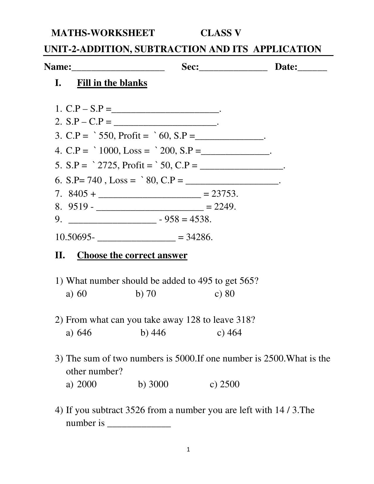 Worksheet for Class 5 Maths Addition Subtraction Assignment - Page 1