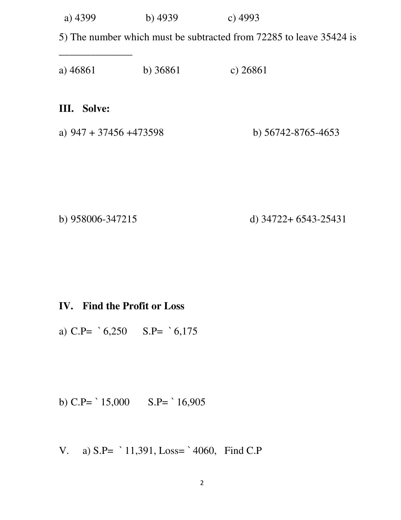 Worksheet for Class 5 Maths Addition Subtraction Assignment - Page 2