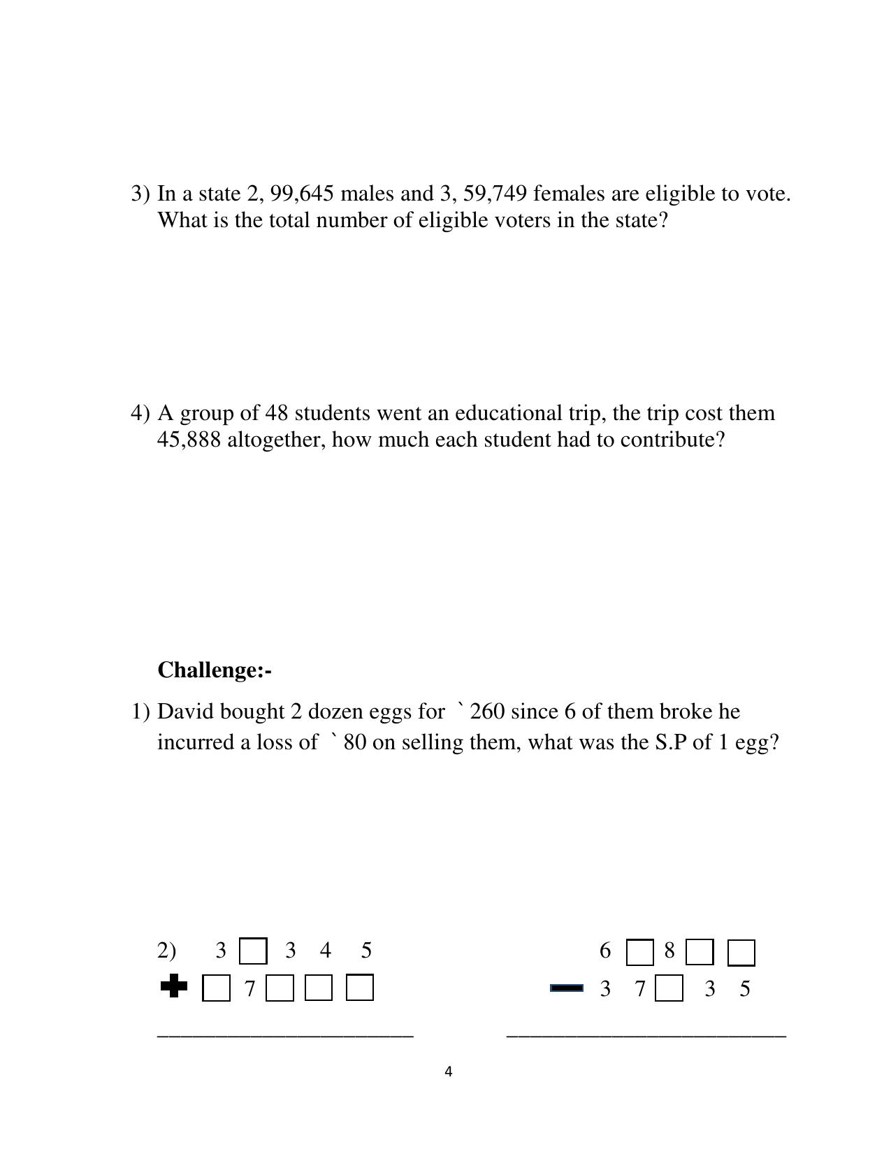 Worksheet for Class 5 Maths Addition Subtraction Assignment - Page 4